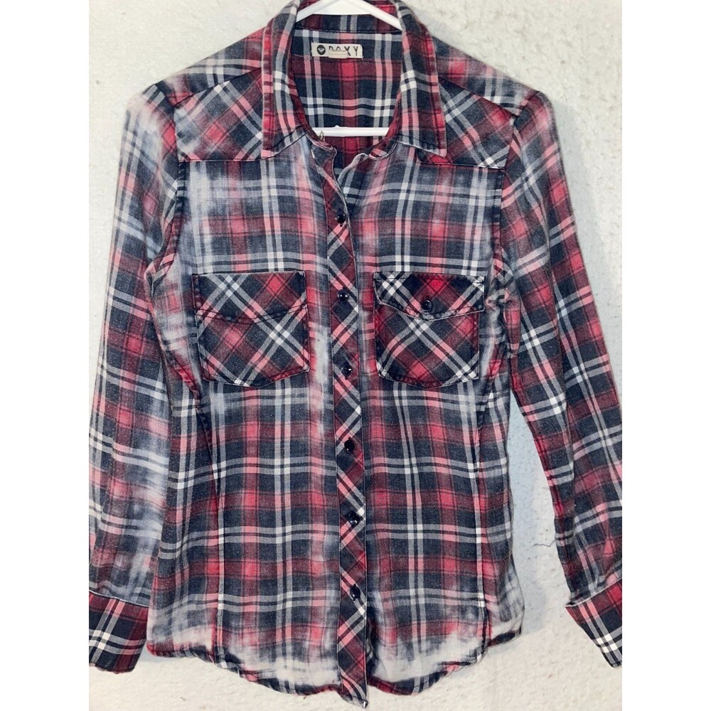 Roxy Womens Plaid Button Up Shirt Size S Flannel pockets distressed Long Sleeve